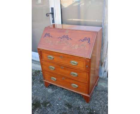 A Sheraton revival satinwood and inlaid fall front bureau with fitted interior over three drawers, on bracket supports, 30" w