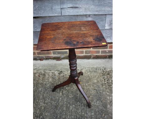 A 19th century provincial oak tilt top occasional table, on tripod splay support, 18 1/2" wide x 16" deep x 28 1/2" high 