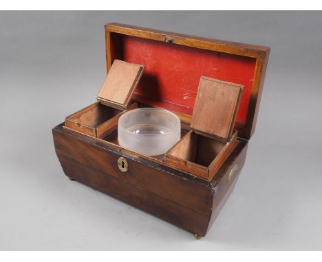 A Victorian mahogany sarcophagus two-section tea caddy and a mahogany swing frame toilet mirror, on serpentine base, 21 1/4" 