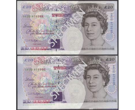 ERROR: Bank of England, Graham E. A. Kentfield, £20 (2), 1994, serial numbers AK22 973299 and 973300, the second incorrectly 