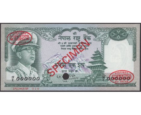 Nepal Rastra Bank, specimen 100 Rupees, ND (1971), serial number 000000, red SPECIMEN overprint and De La Rue ovals, single c