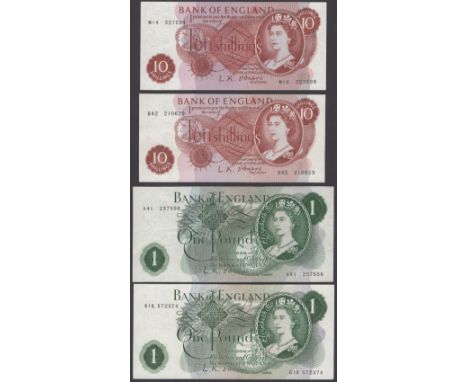 Bank of England, Leslie K. O’Brien, £1 (4), 1960, prefixes A41, 61R, B34N, M37, 10 Shillings (2), 1961, prefix B42, M14, very