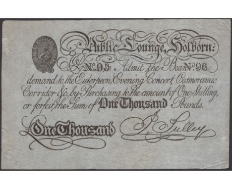 Public Lounge, Holborn, otherwise known as Tulleys Lounge, a skit note promising to allow entry for 1 Shilling, or forfeit £1