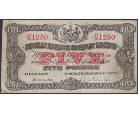 Belfast Banking Company Limited, £5, 8 March 1928, serial number B/X 1250, R. Keith manuscript signature, pencil annotation o