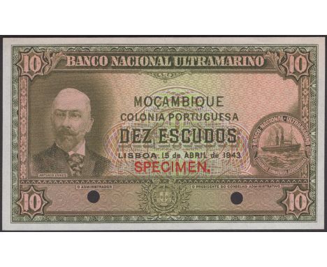 Banco Nacional Ultramarino, Mozambique, colour trial 10 Escudos, 15 April 1943, no signatures or serial numbers, olive green 