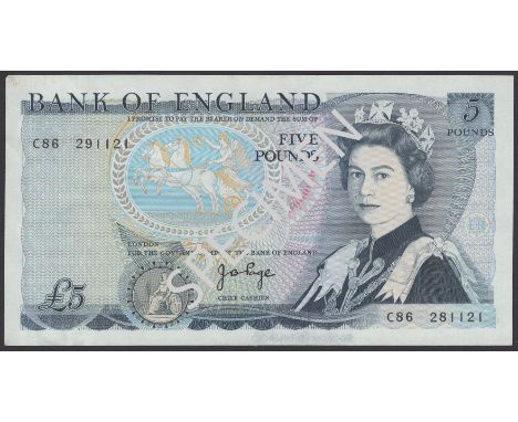 ERROR: Bank of England, John B. Page, £5, 11 November 1971, mismatched serial numbers C86 281121 and C86 291121, bend at cent