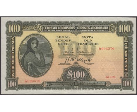 Currency Commission, Irish Free State, £100, 10 September 1928, serial number Z/01 003570, Brennan and McElligott signatures,