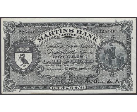 Martins Bank Limited, £1, 1 February 1957, serial number 225446, Conacher signature, very light handling, minor stain in bott