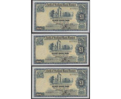 North of Scotland Bank Limited, consecutive £1 (3), 1 July 1945, serial number D237671-3, one extremely light central fold th