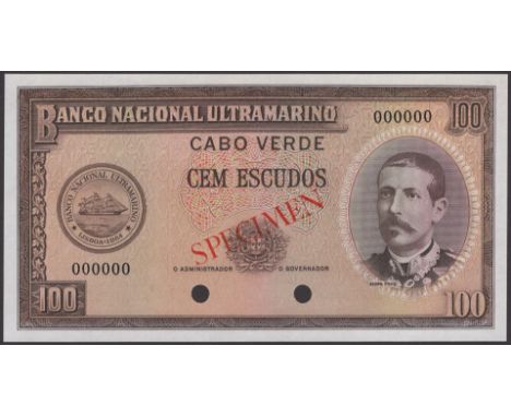 Banco Nacional Ultramarino, Cape Verde, colour trial 100 Escudos, ND (1958), serial number 000000, brown print, red SPECIMEN 