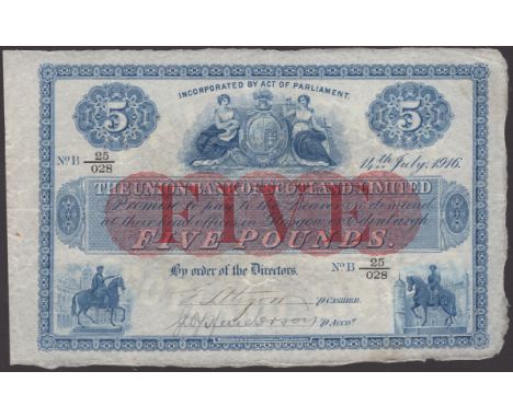 Union Bank of Scotland, £5, 14 July 1916, serial number B 25/028, manuscript signatures, lovely paper quality, very fine, a n