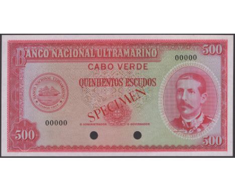 Banco Nacional Ultramarino, Cape Verde, colour trial 500 Escudos, ND (1958), serial number 000000, red print, red SPECIMEN ov