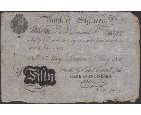 Bank of Engineers, a skit note promising and demanding ‘the sum of £50 to any one who can produce work like ours’, 1 May 1851