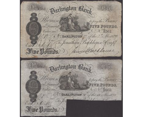 Darlington Bank, for Jonathan Backhouse & Compy, £5, 12 March 1889, serial number G/K 561, signed by James Backhouse, also a 
