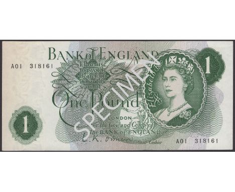 Bank of England, Leslie K. O’Brien, £1, 17 March 1960, serial number A01 318161, original paper, about uncirculated to uncirc