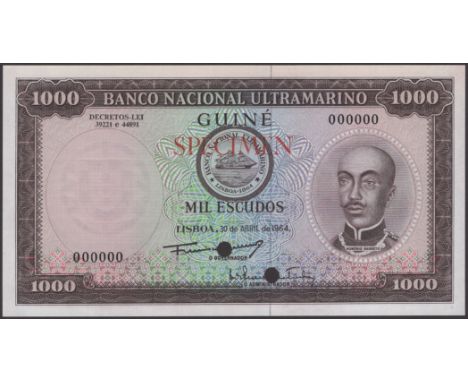 Banco Nacional Ultramarino, Guine, colour trial 1000 Escudos, 30 April 1964, serial number 000000, brown print, red SPECIMEN 
