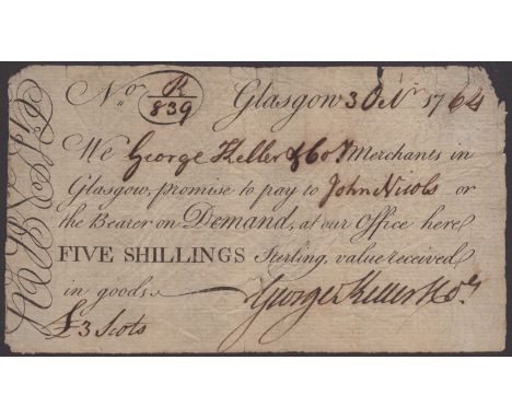 George Keller & Company, Glasgow, 5 Shillings or £3 Scots, 3 October 1764, serial number R/839, George Keller signature at lo
