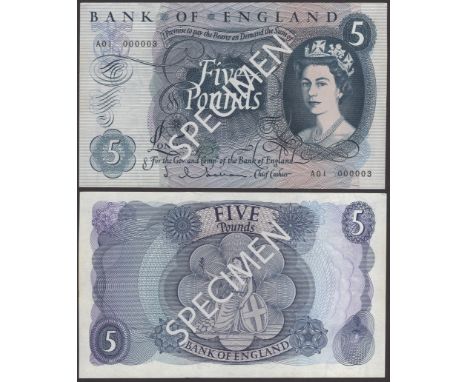 Bank of England, Jasper Q. Hollom, £5, housed in a blue leather presentation wallet, 21 February 1963, serial number A01 0000