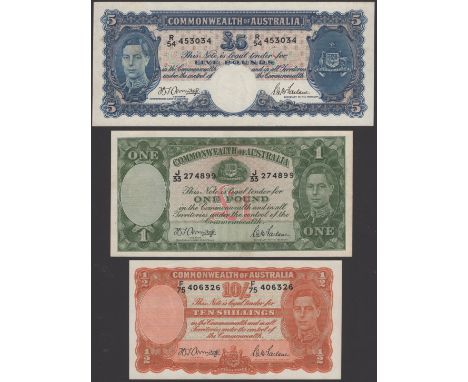 Commonwealth of Australia, 10 Shillings, ND (1939), prefix F/75, £1, prefix J/33, £5, prefix R/54, Armitage and McFarlane sig