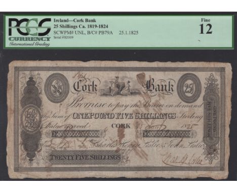 Cork Bank, for Charles Henry Leslie & John Leslie, Twenty Five Shillings, 25 July 1825, serial number B2009, C.H. Leslie sign