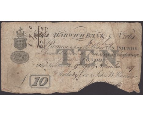Harwich Bank, for Anthony Cox & John B. Knocker, £10, 9 November 1827, serial number 2064, signature cut cancelled, very good
