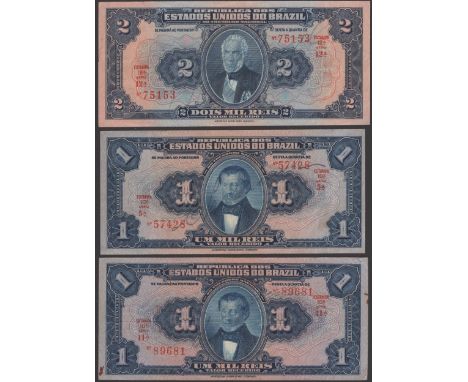 Republica dos Estados Unidos, Brazil, 1 Mil Reis (2), Estampa 10A, serial numbers 57428 and 89681, also 2 Mil Reis, Estampa 1