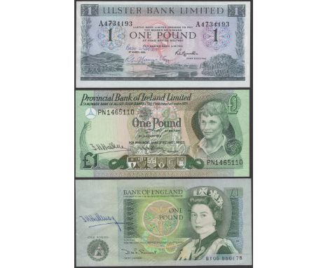 Three Hand Signed Notes, comprising Ulster Bank Limited, £1, 1 March 1973, serial number A4734193, Hamilton signature, and an