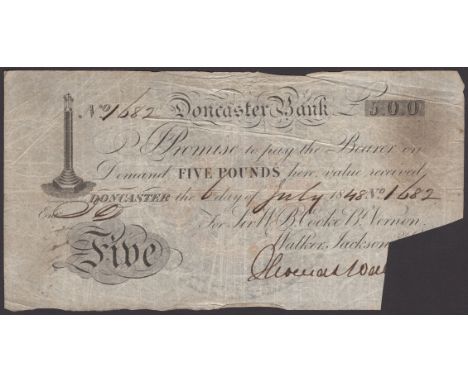 Doncaster Bank, for Sir W.B. Cooke, B. Vernon, Walker, Jackson & Co., £5, 6 July 1848, serial number 1682, Congreve stamp on 