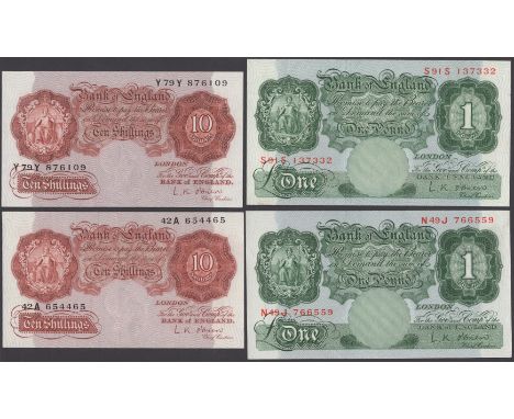 Bank of England, Leslie K. O’Brien, 10 Shillings (2), 1955, prefix Y29Y, 42A, £1 (2), prefix N49J, S91S, last note pressed ve