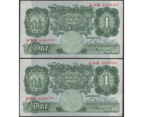 Bank of England, Kenneth O. Peppiatt, £1 (2), 13 September 1948, serial numbers H36B 228443-44, a bit of scuffing, light cent