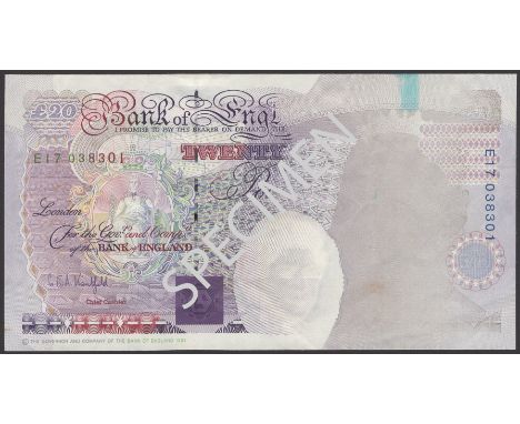 ERROR: Bank of England, Graham E. A. Kentfield, £20, 25 November 1991, serial number E17 038301, with black print entirely mi