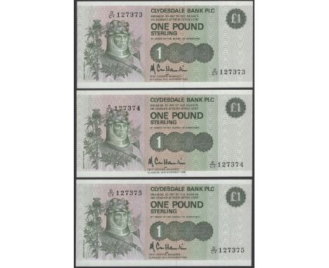 ERROR: Clydesdale Bank PLC, £1 (3), 25 November 1985, serial numbers D/CY 127373-75, Hamilton signature, with the middle note
