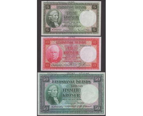 Landsbanki Islands, colour trial set from the 15 April 1928 issue, comprising 5, 10, 50, 100 and 500 Kronur, olive green, red