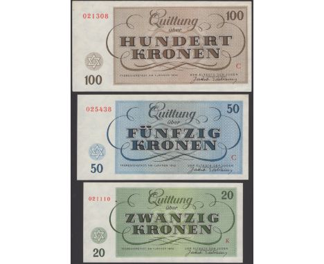 Theresienstadt Concentration Camp, Czechoslovakia, 1, 2, 5, 10, 20, 50, and 100 Kronen, 1 January 1943, light handling about 