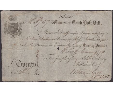 Worcester Bank, for Joseph Glover, John Embury & William Gross, £20 post bill, 14 January 1791, serial number B747, Gross sig