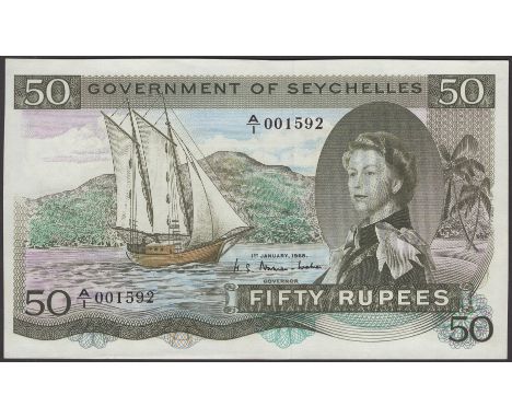 Government of Seychelles, 50 Rupees, 1 January 1968, serial number A/1 001592, original paper, one light vertical central fol