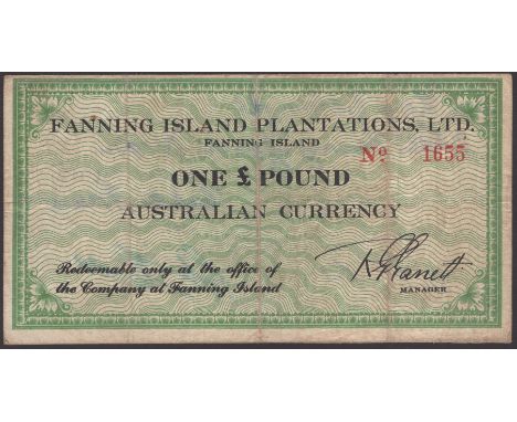 Fanning Island Plantations Ltd, £1 Australian Currency, 1942, serial number 1655, Grant signature, reverse has two signatures