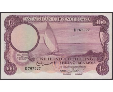 East African Currency Board, 100 Shillings, 1964, serial number D767527, fresh and original, three light bends, thus good ext