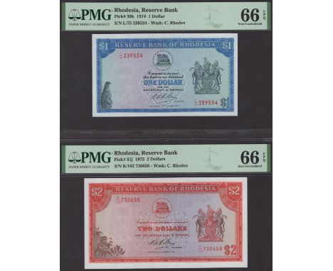 Reserve Bank of Rhodesia, $1, 15 October 1974, serial number L/75 239534, $2, 4 March 1975, serial number K/730658, In PMG ho