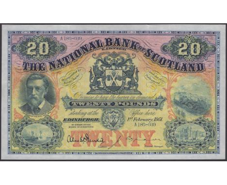 National Bank of Scotland Limited, £20, 1 February 1951, serial number A180-039, Dandie-Brown signatures, two light bends in 
