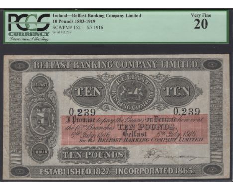 Belfast Banking Company Limited, £10, 6 July 1916, serial number O.239, manuscript signature, pinholes, lovely paper quality,