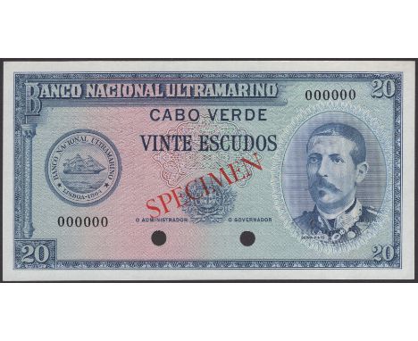 Banco Nacional Ultramarino, Cape Verde, colour trial 20 Escudos, ND (1958), serial number 000000, blue print, red SPECIMEN ov