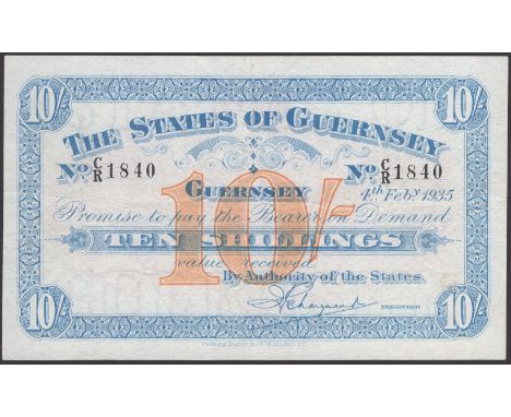 States of Guernsey, 10 Shillings, 4 February 1935, serial number C/R 1840, H.E. Marquand signature, professional restoration 