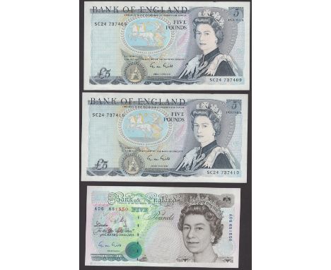 Bank of England, George M. Gill, £5 (2), 1988, serial number SC24 737409-10, £50, 1988, serial number D84 177546, £5 (2), 199