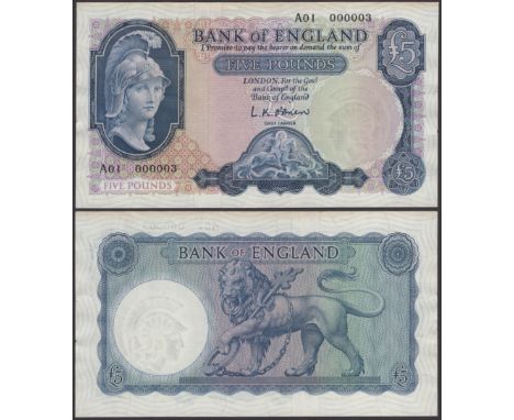 Bank of England, Leslie K. O’Brien, £5, housed in a blue leather presentation wallet, 21 February 1957, serial number A01 000
