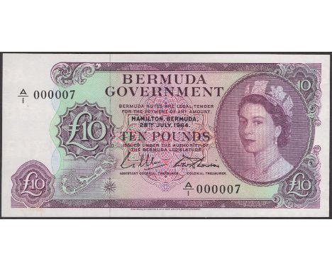 Bermuda Government, £10, 28 July 1964, serial number A/1 000007, Davidson and Lumsden signatures, small light stain on revers
