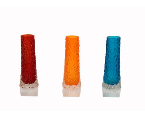 Geoffrey Baxter for Whitefriars, a trio of later Textured glass range 'Tapered' finger vases pattern 9729, 16 cm, in Ruby, Ki