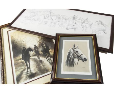 Horses, a print titled 'After the Rain' of three race horses returning to stable (530mm x 700mm) limited edition a print of p