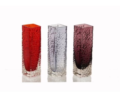 Geoffrey Baxter for Whitefriars, a trio of Textured glass range large square 'Nailhead' cylinder vases pattern 9808, 20 cm, i