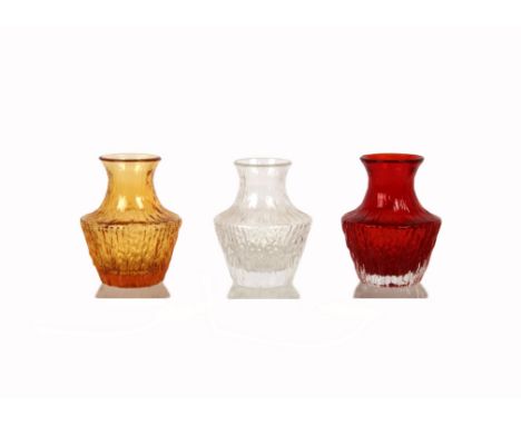 Geoffrey Baxter for Whitefriars, a trio of 'Pot Belly' glass vases pattern 9832, 13 cm, in FLC Gold, Flint and Ruby (3) 